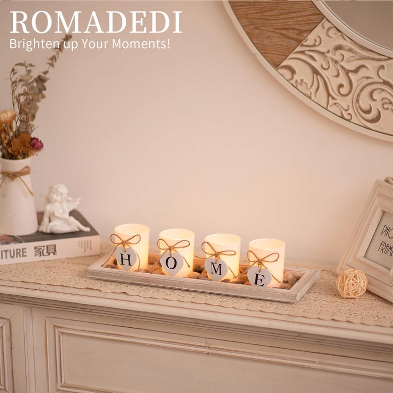 Romadedi Farmhouse Centerpiece Candle Holder Decor - Rustic Wooden Tray with 4 Glass Tealight Candles Holders for Coffee Table Home Decorations Living Room Fireplace Kitchen Housewarming Gifts - Image 3