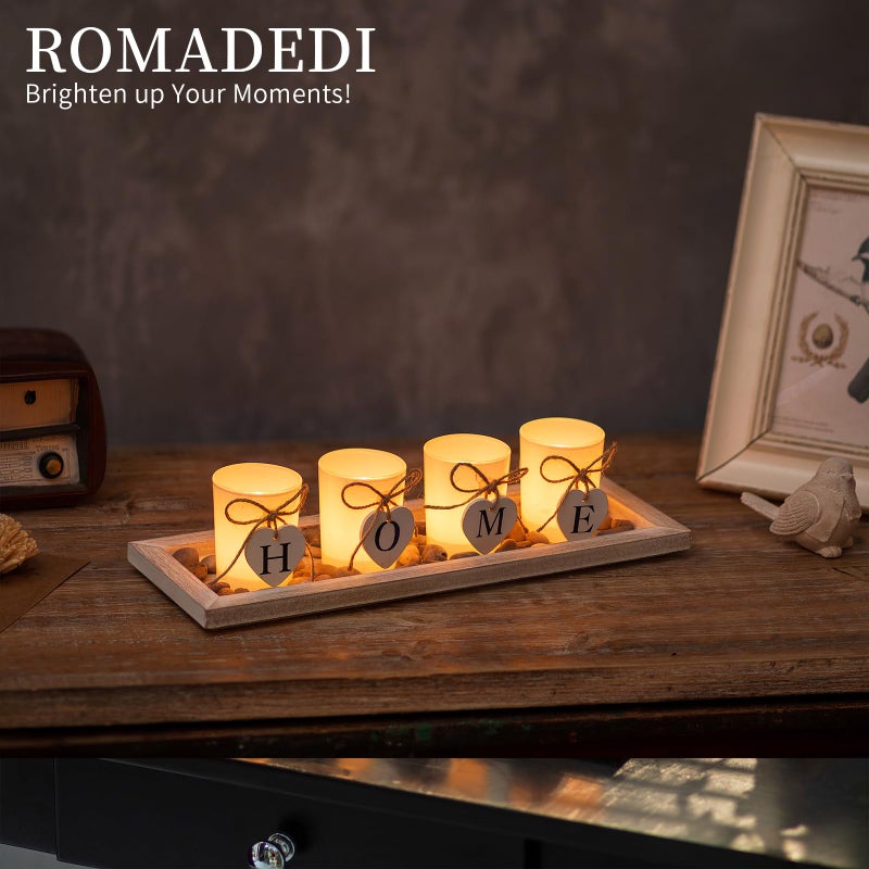 Romadedi Farmhouse Centerpiece Candle Holder Decor - Rustic Wooden Tray with 4 Glass Tealight Candles Holders for Coffee Table Home Decorations Living Room Fireplace Kitchen Housewarming Gifts - Image 2