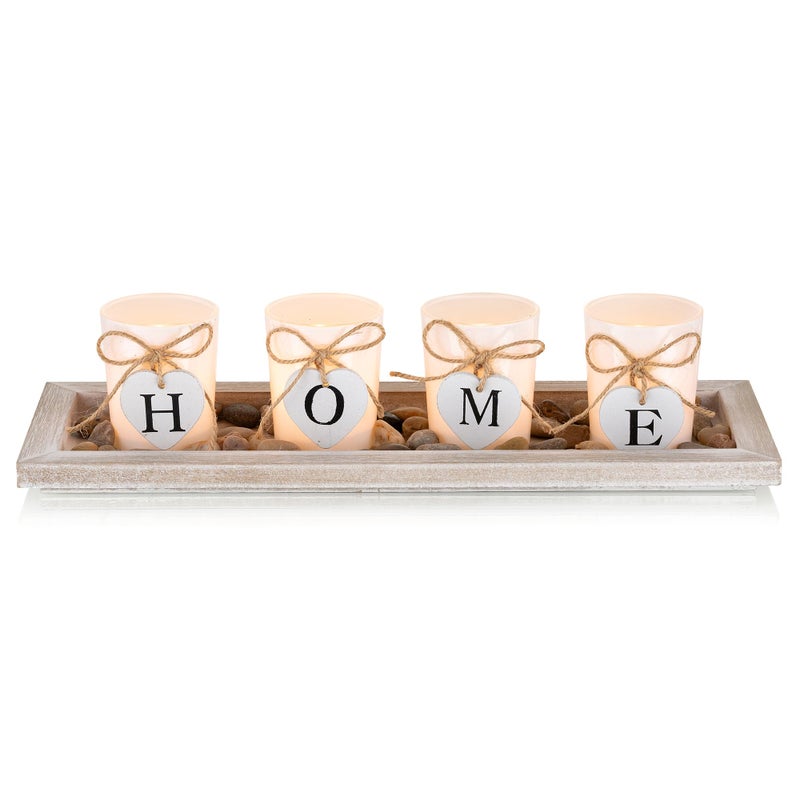 Romadedi Farmhouse Centerpiece Candle Holder Decor - Rustic Wooden Tray with 4 Glass Tealight Candles Holders for Coffee Table Home Decorations Living Room Fireplace Kitchen Housewarming Gifts - Image 1