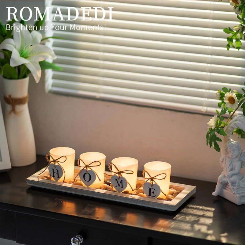 Romadedi Farmhouse Centerpiece Candle Holder Decor - Rustic Wooden Tray with 4 Glass Tealight Candles Holders for Coffee Table Home Decorations Living Room Fireplace Kitchen Housewarming Gifts - Image 4