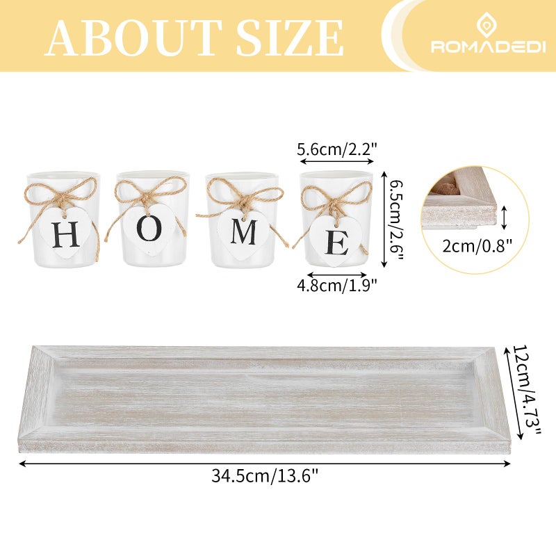 Romadedi Farmhouse Centerpiece Candle Holder Decor - Rustic Wooden Tray with 4 Glass Tealight Candles Holders for Coffee Table Home Decorations Living Room Fireplace Kitchen Housewarming Gifts - Image 5