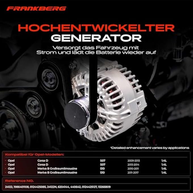 Frankberg Alternator Generator 100A with Freewheel Pulley Compatible with Corsa D S07 1.4L Petrol 2009-2014 Meriva B MPV S10 1.4L Petrol 2010-2017 Replace# 0124425085 - Image 3