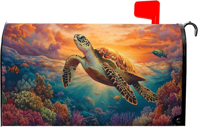 Farg Summer Sea Turtle Ocean Beach Mailbox Cover Coral Seashell Post Letter Box Cover for Garden Standard Size 21x18 in Mailbox Wraps for Yard Home Decor - Image 1