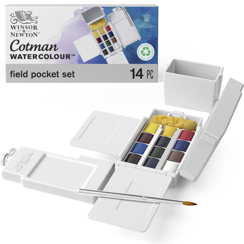 Winsor Newton Winsor & Newton Cotman Watercolor Paint Set, Field Pocket Set, 12 Half Pan w/ Brush, Sponge, Bottle - Image 1