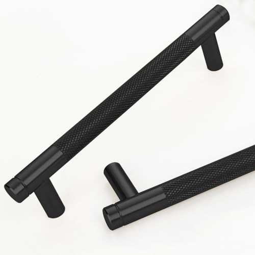Gutuwellea 12 Pack 5 Inch 128 mm Black Knurled Cabinet Handles Cabinet Pulls Aluminum Handles Drawer Pulls Oxidation Finish with Diamond Pattern 6 Length 5 Hole Center - Image 1