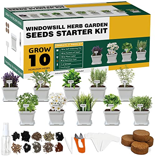 Meekear 10 Herb Seeds Garden Starter Grow Kit with White Pots, Markers, Nutritional Soil, Watering, Herb Clipper, Complete Indoor Potted Plant Growing Set for Kitchen DIY - Image 1