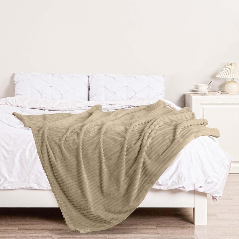 Bnuitland Bnuitland Light Camel Flannel Throw (50X70 inches) with Storage Pouch 300GSM Super Soft Fleece Stripe Pattern Sofa Blanket for Adults and Kids  Lightweight Cozy Bed Throw for Home Decor All Season  - Image 3