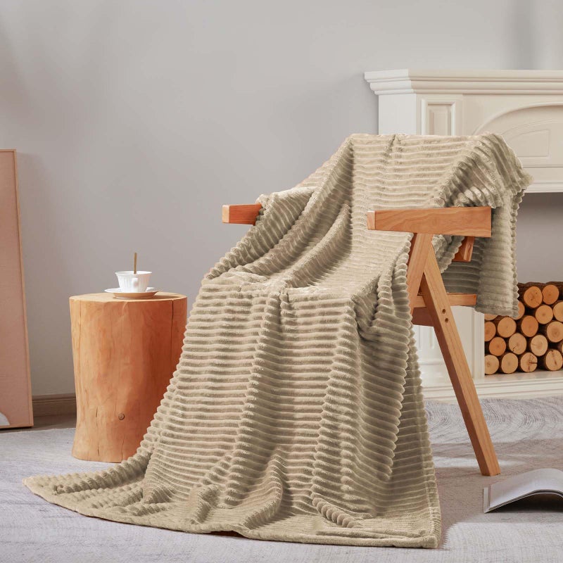 Bnuitland Bnuitland Light Camel Flannel Throw (50X70 inches) with Storage Pouch 300GSM Super Soft Fleece Stripe Pattern Sofa Blanket for Adults and Kids  Lightweight Cozy Bed Throw for Home Decor All Season  - Image 2