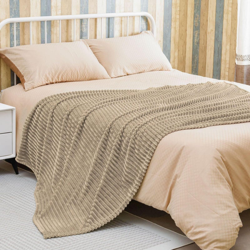 Bnuitland Bnuitland Light Camel Flannel Throw (50X70 inches) with Storage Pouch 300GSM Super Soft Fleece Stripe Pattern Sofa Blanket for Adults and Kids  Lightweight Cozy Bed Throw for Home Decor All Season  - Image 5
