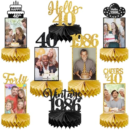 Eucutur 8Pcs 40th Birthday Decorations Honeycomb Centerpieces for Women Men Black Gold Vintage 1986 40th Bday Photo Table Centerpieces Party Supplies Glitter Cheers to 40 Year Old Bday Table Topper - Image 1