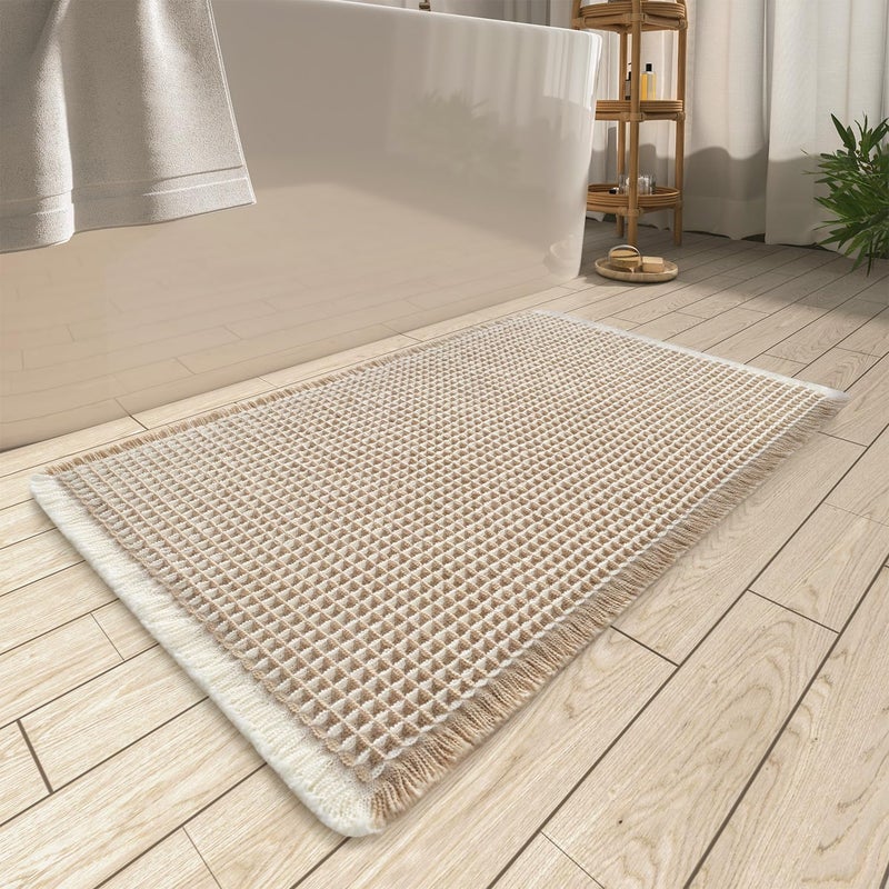 AMOAMI Upgraded Waffle Bath Mat, Super Absorbent Non Slip Bath Mats for Bathroom Floor, Machine Washable Bathroom Rugs with Tassels, Rubber Backed Bathroom Mats, Ultra Soft, 18" x 30",Brown & Cream - Image 1