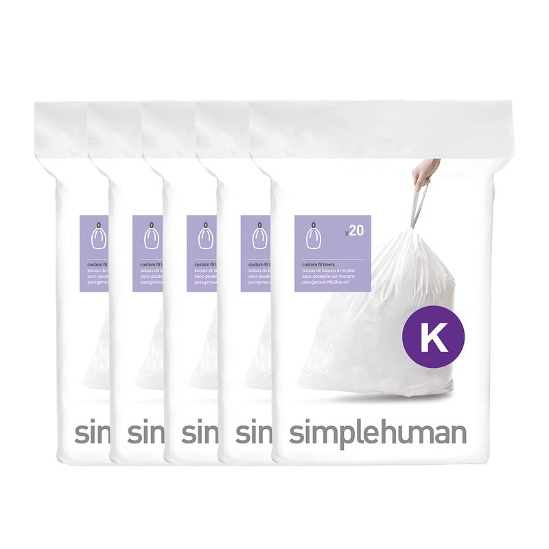simplehuman Code K 100 Count Dispenser Pack Custom Fit Liners Drawstring Trash Bags 3545 Liter 912 Gallon White