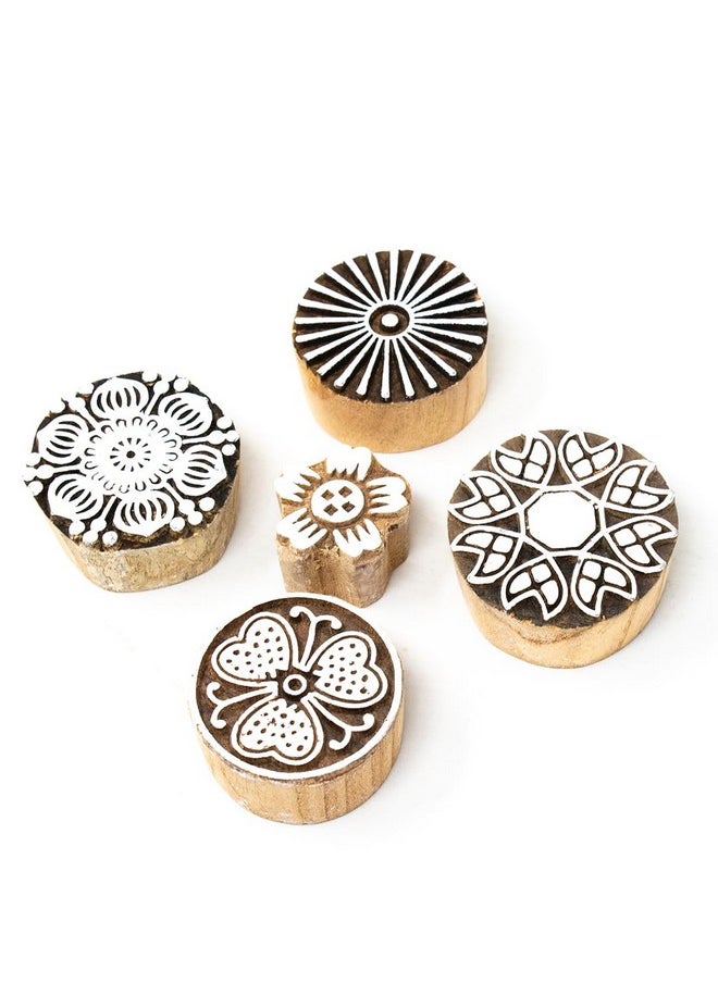 Hashcart Wooden Indian Traditional Design Printing Stamps | Set Of 5 | Blocks For Printing Saree Border Dresses / Craft Card Making / Scrapbook / Clay Pottery  - Image 1