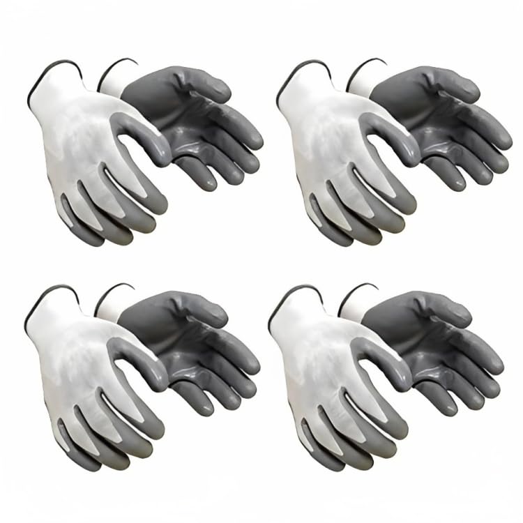 SR Trends Hand Gloves Hand Work Safety Nylon Nitrile Coated Non Slip Gloves Free Size Grey White Set of 4 Pairs - Image 1