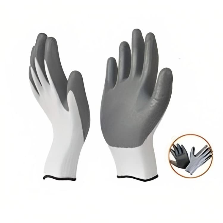 SR Trends Hand Gloves Hand Work Safety Nylon Nitrile Coated Non Slip Gloves Free Size Grey White Set of 4 Pairs - Image 3