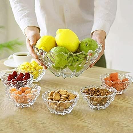 WRINGO WRINGO Glass Serving Bowls Set, 7 pcs Dessert Bowl Set, Glassware Tableware Serving Bowl Set for Ice-Cream, Fruit, Candy, Pasta, Salad, Sugar 1 Big Bowl, 6 Small Bowl (WD-04) - Image 2