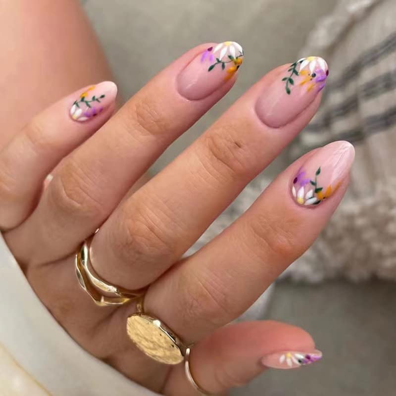 Jsiallye 6 Packs Press on Nails Short,Flower French Press on Nails Almond And Oval,Glue on Nails in 12 Sizes - 24 Fake Nails Kit, Stick on Nails for Women - Image 5