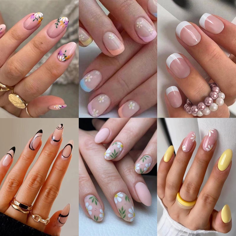 Jsiallye 6 Packs Press on Nails Short,Flower French Press on Nails Almond And Oval,Glue on Nails in 12 Sizes - 24 Fake Nails Kit, Stick on Nails for Women - Image 1