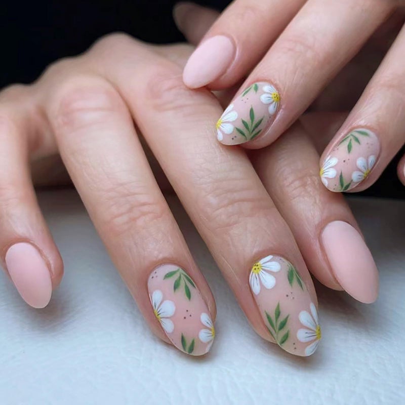 Jsiallye 6 Packs Press on Nails Short,Flower French Press on Nails Almond And Oval,Glue on Nails in 12 Sizes - 24 Fake Nails Kit, Stick on Nails for Women - Image 3