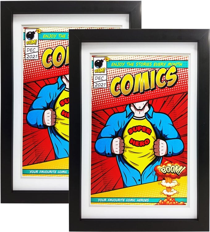 Comic Book Frame 2 PackUltraviolet UV Protection Fits Current Comics up to 6 34inch x 10 14inch Wall or Tabletop DisplaySpring Clips Black Frame White Mat 2