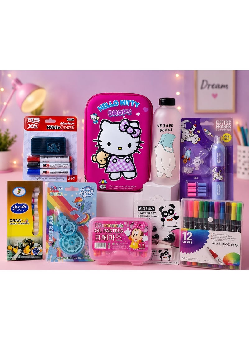 Complete 9-Piece School Supply Set for Girls – Includes a pencil case, drawing and writing supplies, a water bottle, and back-to-school accessories. - Image 1