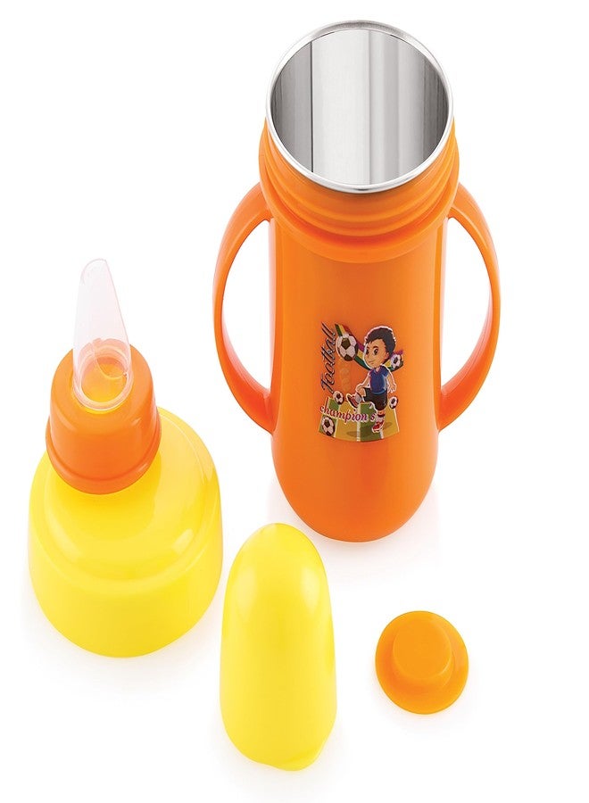 Zerya Hippo Baby Sipper Milk Bottle for Infant Toddler 250 ml, Anti-Spill Sippy Cup with Soft Silicone Nipple BPA Free, with Steel Inner (Orange) - Image 1