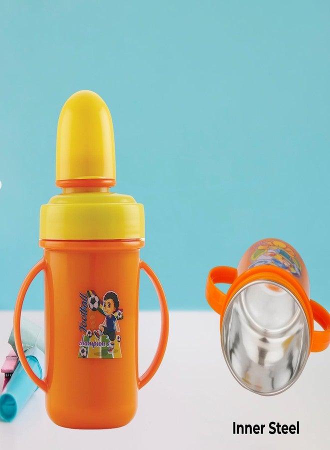 Zerya Hippo Baby Sipper Milk Bottle for Infant Toddler 250 ml, Anti-Spill Sippy Cup with Soft Silicone Nipple BPA Free, with Steel Inner (Orange) - Image 2