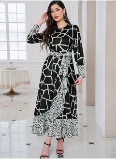 Generic Beautiful elegant Middle Eastern inspired abaya dress with bold white stripes and elegant leopard print cuffs and hem  - Image 1