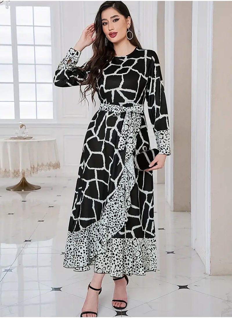 Generic Beautiful elegant Middle Eastern inspired abaya dress with bold white stripes and elegant leopard print cuffs and hem  - Image 1