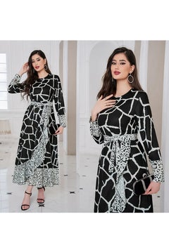 Generic Beautiful elegant Middle Eastern inspired abaya dress with bold white stripes and elegant leopard print cuffs and hem  - Image 3