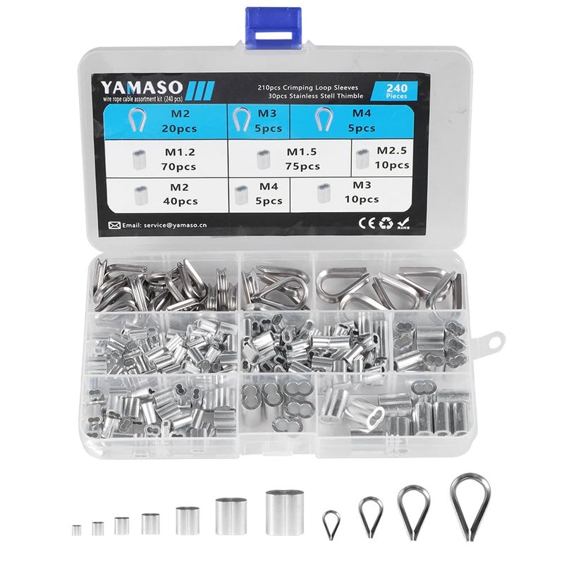YAMASO YAMASO 240PCS Stainless Steel Wire Rope Cable Thimbles Aluminum Crimping Loop Sleeve 116 18 316 532 for Wire Rope Cable 