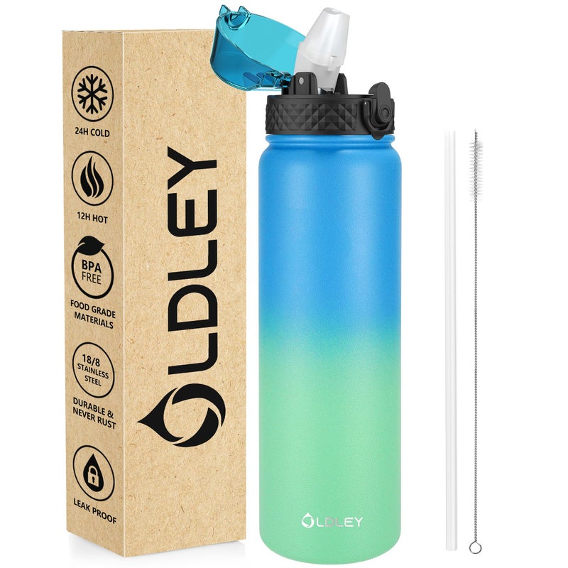OLDLEY Stainless Steel Water Bottle with Straw 1L Vaccum Insulated Large Drink Flask Metal Water Bottles 1 Litre Leakproof Keep Drinks Hot Cold for Bike Sports Gym Adult Women MenBlue Green 1 Lid