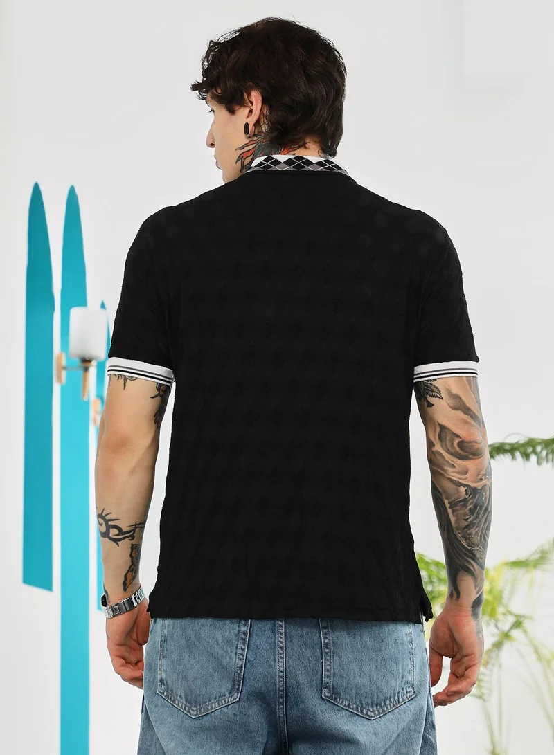 كامبوس سوترا Campus Sutra Men's Onyx Black Block Argyle-Knit Polo T-Shirt | Jacquard Polo Neck , Short Tipping Cuff Sleeves , Button Closure , Straight Hem | Colourblock Textured | T-shirt For Casual Wear