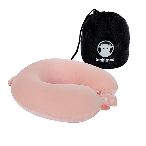 Makimoo Travel Neck Pillow Top Memory Foam Pillow for Head Support Ideal for Airplanes Cars and Home Recliners Adjustable and Soft Pink