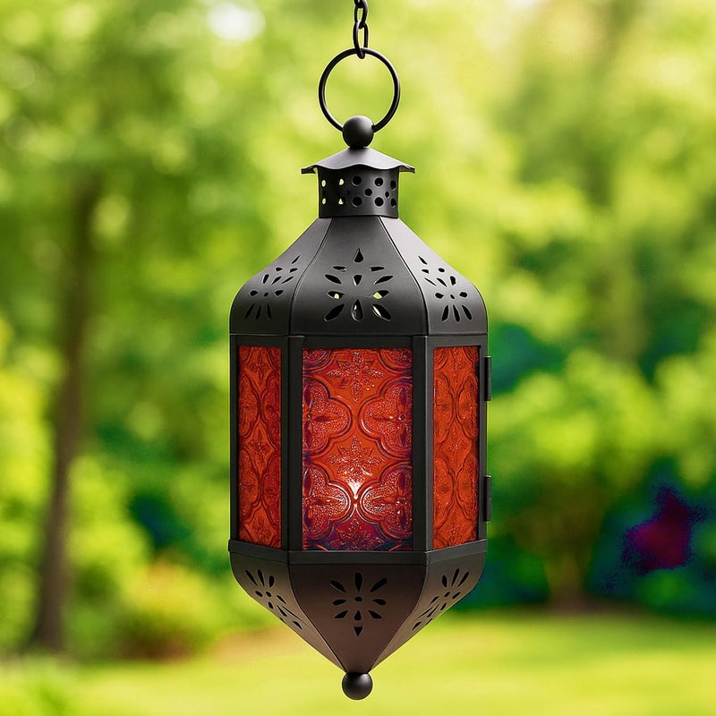 Vela Lanterns 11.5" Hanging Moroccan Decorative Candle Lantern Lamp â€“ Indoor/Outdoor Tea Light Candle Holder for Patio, Porch, Ramadan or Home Decor, Ruby Red - Image 1