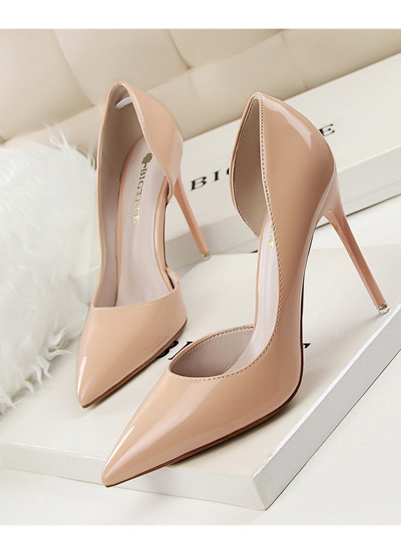 BIGTREE Fashion Simple Slim Patent Leather Shallow Mouth Pointy Hollowed Out Slim Heels Pink - Image 1