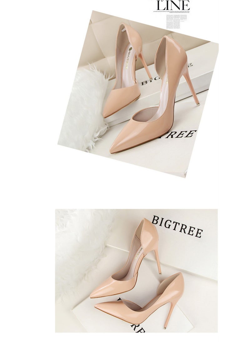 BIGTREE Fashion Simple Slim Patent Leather Shallow Mouth Pointy Hollowed Out Slim Heels Pink - Image 2