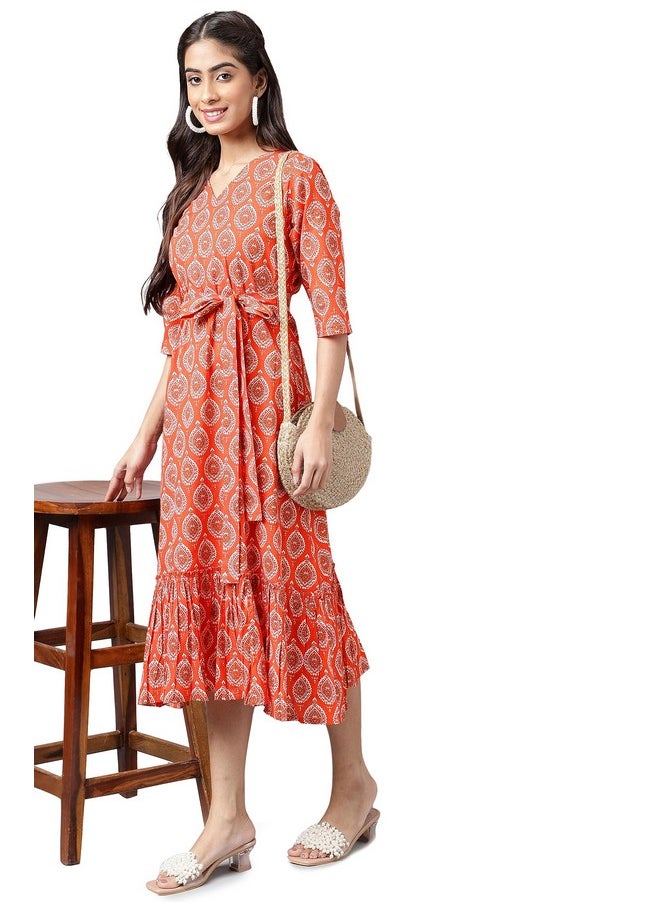 Janasya - Janasya Women's Orange Cotton Ethnic Motifs Printed Ruffled Dress(JNE4174-DR-M) - Image 1