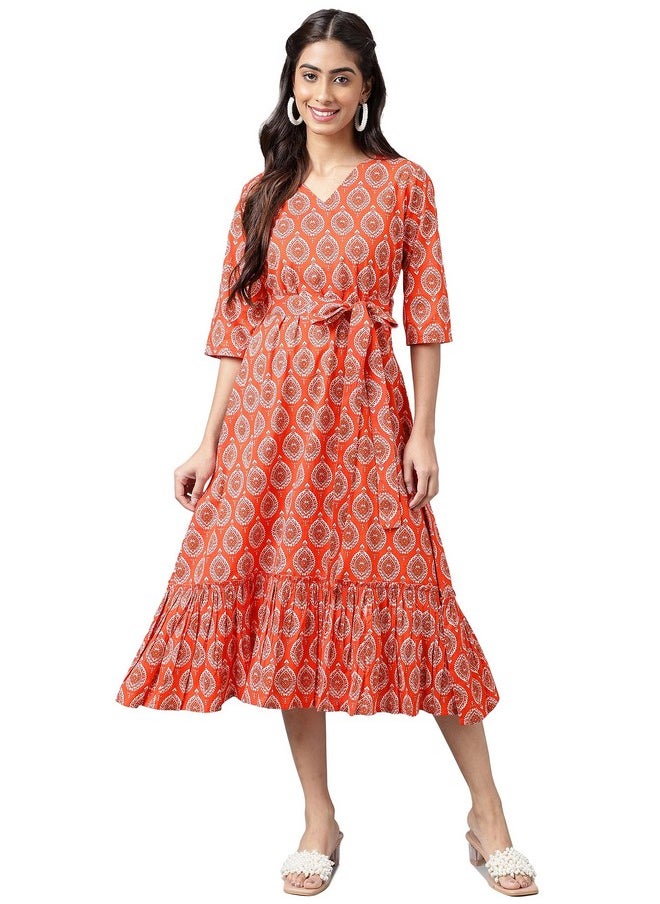 Janasya - Janasya Women's Orange Cotton Ethnic Motifs Printed Ruffled Dress(JNE4174-DR-M) - Image 1