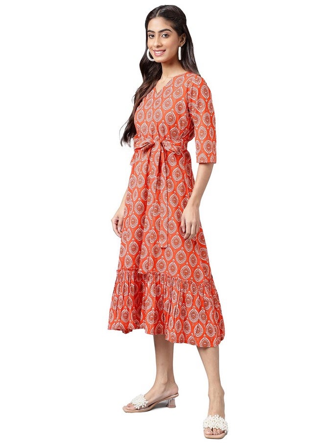 Janasya - Janasya Women's Orange Cotton Ethnic Motifs Printed Ruffled Dress(JNE4174-DR-M) - Image 1