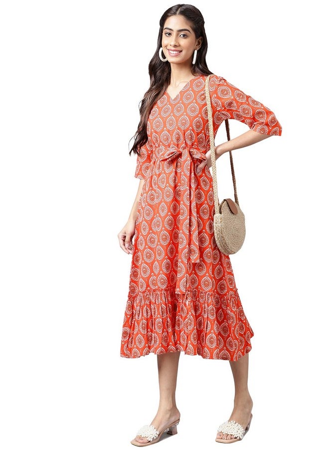 Janasya - Janasya Women's Orange Cotton Ethnic Motifs Printed Ruffled Dress(JNE4174-DR-M) - Image 1