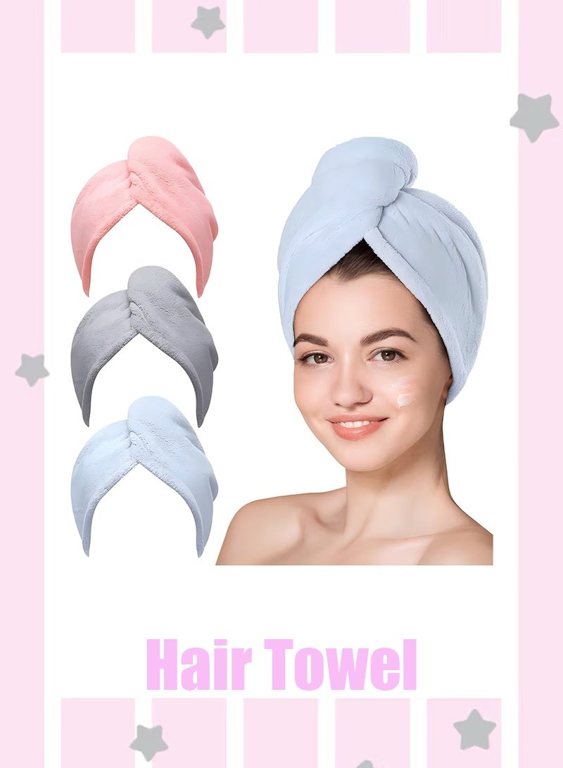 3 Pcs MicrofiberHair Towel,HairTurbans for Wet Hair Drying Hair WrapTowels forCurly Hair Women Anti Frizz (Blue,Grey,Pink) - Image 1