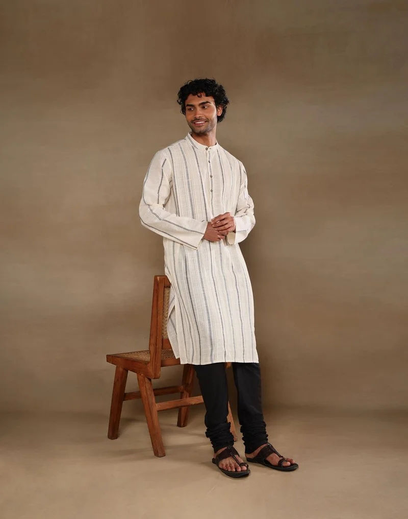 Fabindia Offwhite Cotton Blend Stripe Long Kurta