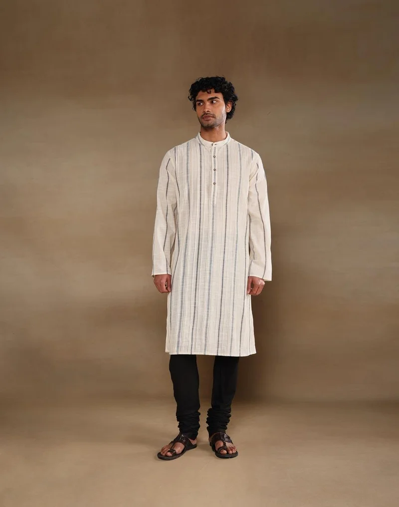 Fabindia Offwhite Cotton Blend Stripe Long Kurta