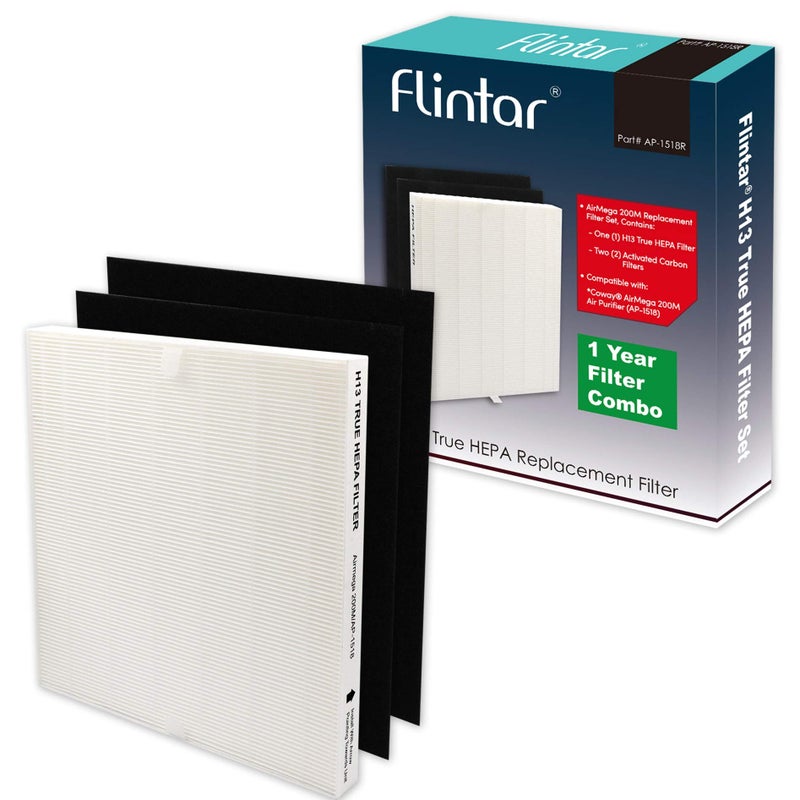 Flintar Replacement Air Filter Compatible with Coway Air Purifier AP1512HH and Airmega 200M H13 Grade Main Filter and 2 Activated Carbon Filters 1Year Filter Pack