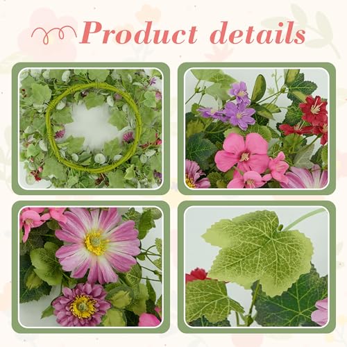 YNYLCHMX 18" Spring Summer Wreaths for Front Door, Artificial Floral Wreath with Pink Daisy & Green Eucalyptus Leaves, Green Foliage Wreath for Wall Window Farmhouse Party Holiday Home Decor - Image 4