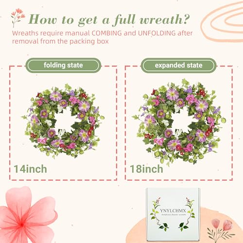 YNYLCHMX 18" Spring Summer Wreaths for Front Door, Artificial Floral Wreath with Pink Daisy & Green Eucalyptus Leaves, Green Foliage Wreath for Wall Window Farmhouse Party Holiday Home Decor - Image 3