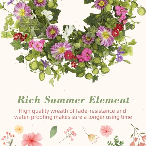 YNYLCHMX 18" Spring Summer Wreaths for Front Door, Artificial Floral Wreath with Pink Daisy & Green Eucalyptus Leaves, Green Foliage Wreath for Wall Window Farmhouse Party Holiday Home Decor - Image 5