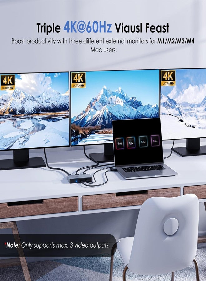 واف لينك محول WAVLINK HDMI، محول ثلاثي الشاشات لأنظمة macOS M1/M2/M3/M4. يدعم منافذ Type-C وA، مدخل طاقة 100 واط، 3 منافذ HDMI ومنفذي DisplayPort، يدعم دقة 4K بمعدل 60 هرتز، يتطلب برنامج تشغيل SMI. - Image 2
