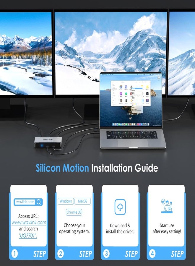 واف لينك محول WAVLINK HDMI، محول ثلاثي الشاشات لأنظمة macOS M1/M2/M3/M4. يدعم منافذ Type-C وA، مدخل طاقة 100 واط، 3 منافذ HDMI ومنفذي DisplayPort، يدعم دقة 4K بمعدل 60 هرتز، يتطلب برنامج تشغيل SMI. - Image 5